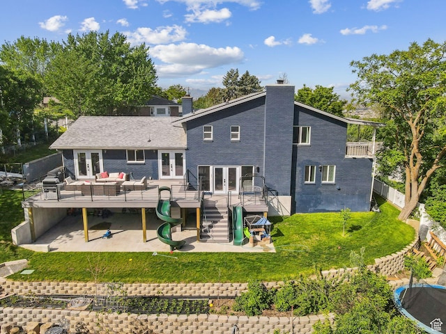 3407 S 325 W, Bountiful, UT 84010 - back of house with french doors, a wooden deck, a patio area, a chimney, and an outdoor hangout area