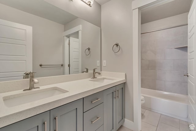 3727 N 900 W, Lehi, UT 84043 - bathroom featuring toilet, double vanity, tile patterned floors, baseboards, and  shower combination