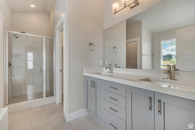 3727 N 900 W, Lehi, UT 84043 - full bath featuring double vanity, a shower stall, tile patterned floors, and baseboards