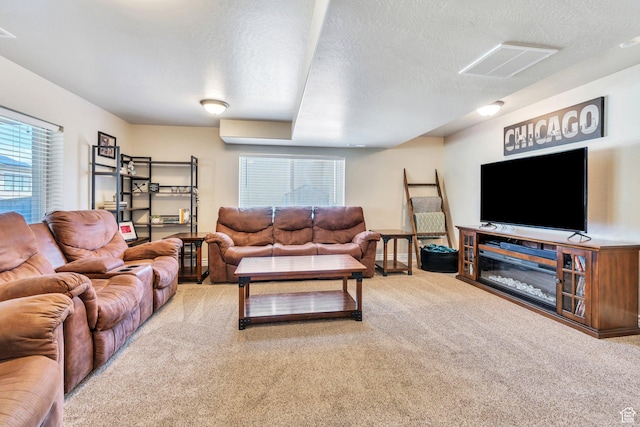 414 W Kit Fox Dr, Saratoga Springs, UT 84045 - carpeted living room featuring a textured ceiling