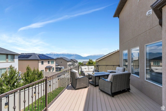 414 W Kit Fox Dr, Saratoga Springs, UT 84045 - deck with outdoor lounge area, a mountain view, and a residential view