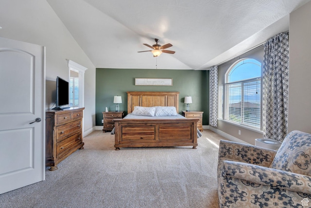 414 W Kit Fox Dr, Saratoga Springs, UT 84045 - bedroom featuring lofted ceiling, light carpet, baseboards, and a ceiling fan