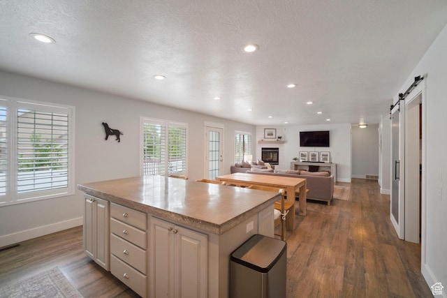890 E 20 N, Smithfield, UT 84335 - kitchen featuring baseboards, a kitchen island, a barn door, wood finished floors, and recessed lighting
