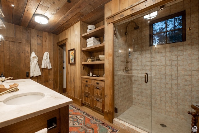 11042 E Wild Elk Mdw, Heber City, UT 84032 - full bathroom featuring wood walls, wood ceiling, a stall shower, and double vanity