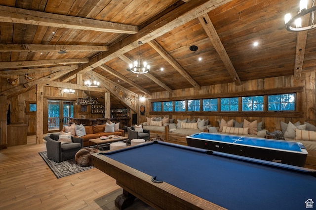 11042 E Wild Elk Mdw, Heber City, UT 84032 - rec room with wooden ceiling, wood walls, light wood-style flooring, a chandelier, and billiards table