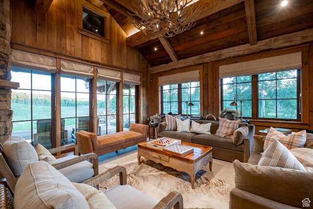 11042 E Wild Elk Mdw, Heber City, UT 84032 - living area featuring a chandelier, wooden ceiling with exposed beams, wood walls, and high vaulted ceiling