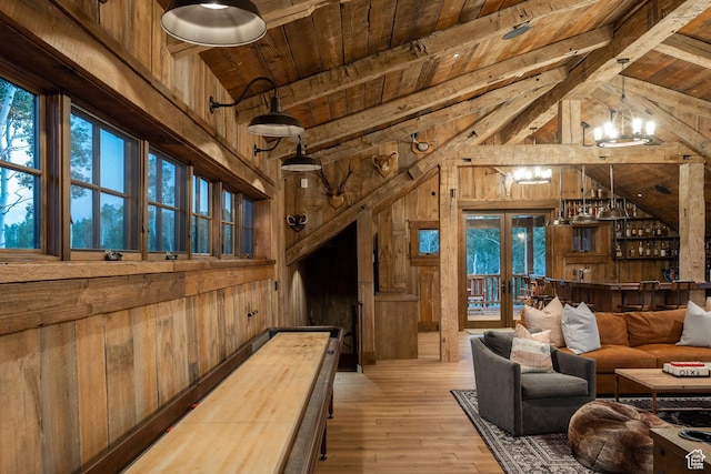 11042 E Wild Elk Mdw, Heber City, UT 84032 - living room featuring wooden walls, wooden ceiling, wood-type flooring, french doors, and a chandelier