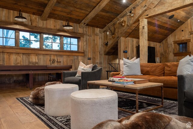 11042 E Wild Elk Mdw, Heber City, UT 84032 - living room featuring wooden walls, hardwood / wood-style floors, and wood ceiling