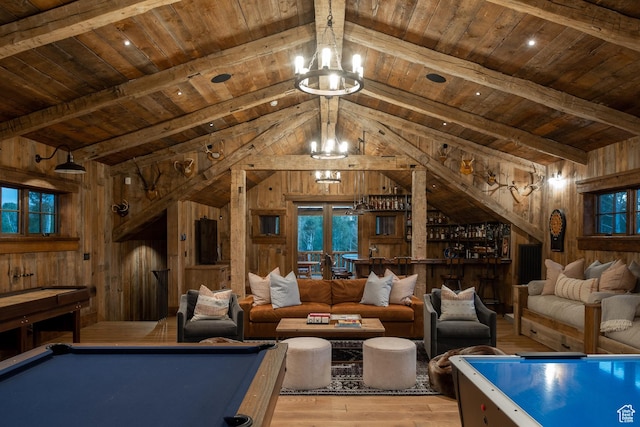 11042 E Wild Elk Mdw, Heber City, UT 84032 - rec room featuring a chandelier, wood walls, wooden ceiling, light wood-style flooring, and billiards table