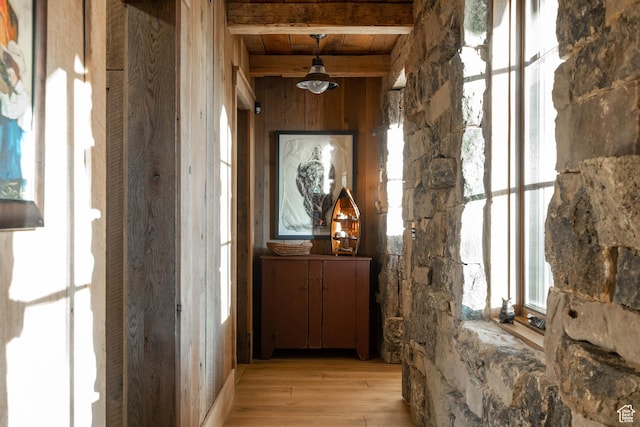 11042 E Wild Elk Mdw, Heber City, UT 84032 - hall featuring wood finished floors, beam ceiling, and wood walls