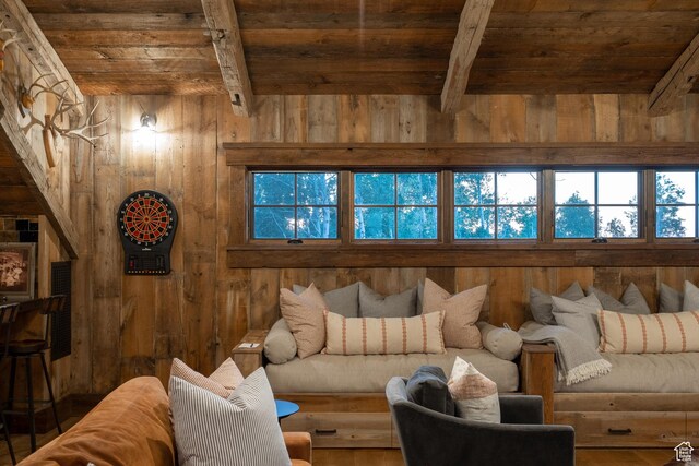 11042 E Wild Elk Mdw, Heber City, UT 84032 - living area with wooden ceiling with exposed beams, wooden walls, and wood finished floors