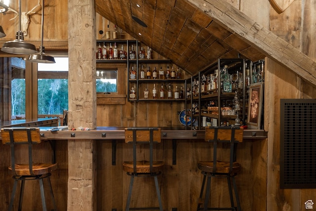 11042 E Wild Elk Mdw, Heber City, UT 84032 - indoor bar featuring vaulted ceiling, a heating unit, and wooden ceiling