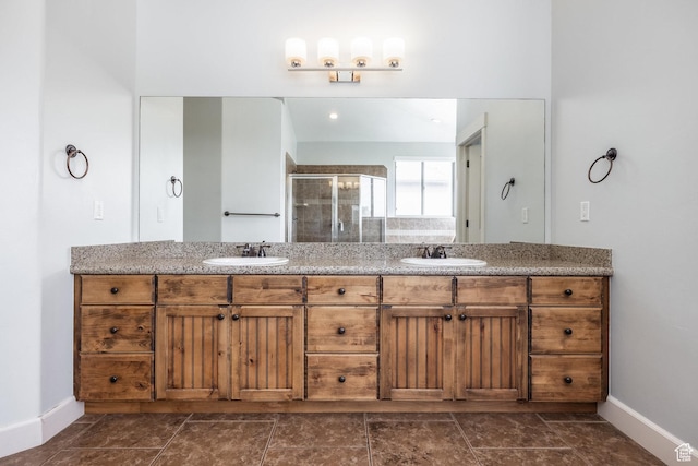 2949 W Hayden Ridge Way, Riverton, UT 84065 - full bathroom with baseboards, a shower stall, and double vanity