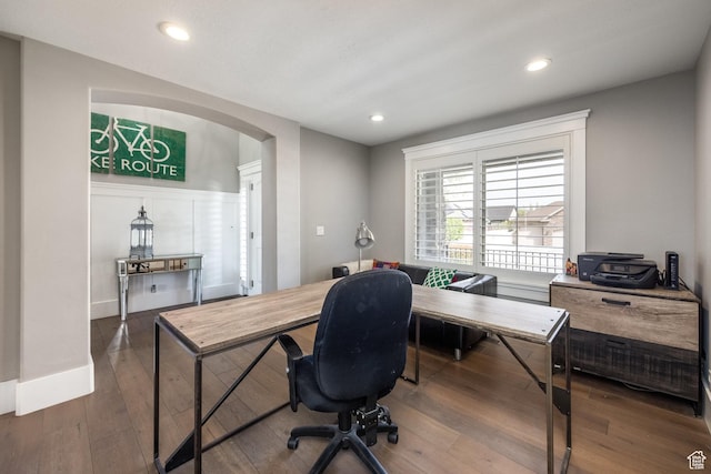 2949 W Hayden Ridge Way, Riverton, UT 84065 - office space with arched walkways, hardwood / wood-style floors, and recessed lighting