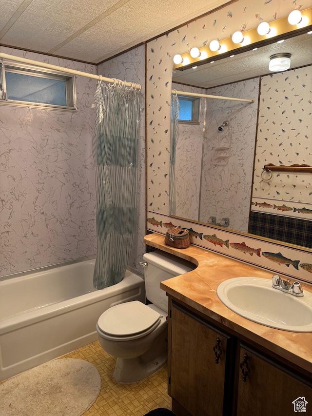 184 N 3rd E, Manila, UT 84046 - bathroom featuring wallpapered walls, shower / bathtub combination with curtain, vanity, toilet, and a textured ceiling