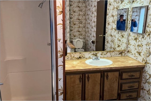 184 N 3rd E, Manila, UT 84046 - bathroom with wallpapered walls, vanity, a shower, and toilet