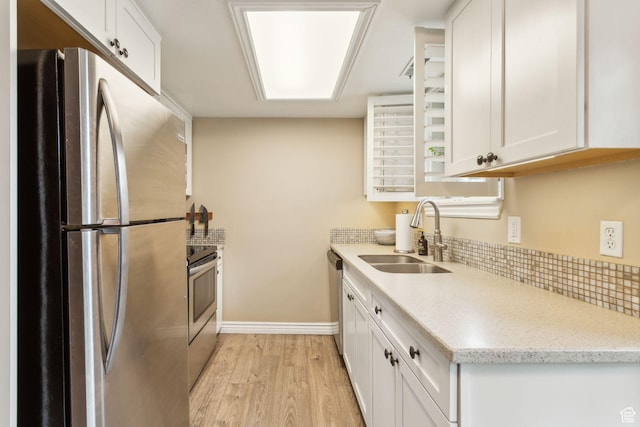 518 E 3955 S, Millcreek, UT 84107 - kitchen with stainless steel appliances, a sink, light wood-style floors, white cabinetry, and baseboards