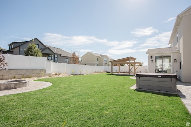 778 N 780th St W, American Fork, UT 84003 - view of yard featuring a hot tub, a gazebo, an outdoor fire pit, a patio area, and a residential view