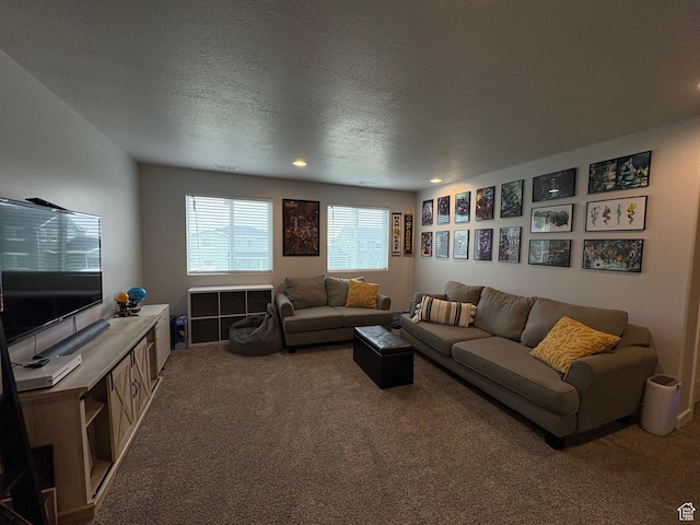 2323 W Thomas Ct, Syracuse, UT 84075 - carpeted living room featuring a textured ceiling and recessed lighting