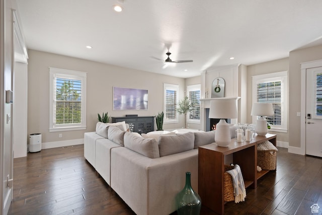 4492 W Enid Dr, South Jordan, UT 84009 - living room with baseboards, a ceiling fan, dark wood-type flooring, and recessed lighting