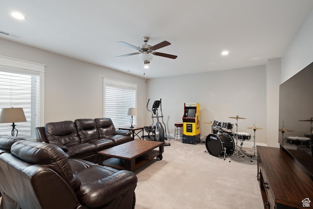 4492 W Enid Dr, South Jordan, UT 84009 - living room with a ceiling fan, light carpet, and recessed lighting