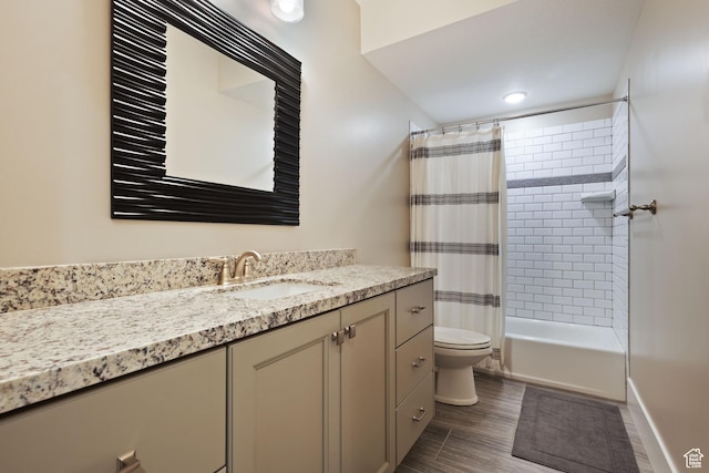 4492 W Enid Dr, South Jordan, UT 84009 - bathroom with vanity, toilet, shower / tub combo with curtain, and wood finished floors