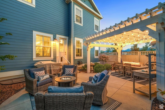 4492 W Enid Dr, South Jordan, UT 84009 - view of patio / terrace featuring a pergola and an outdoor living space with a fire pit
