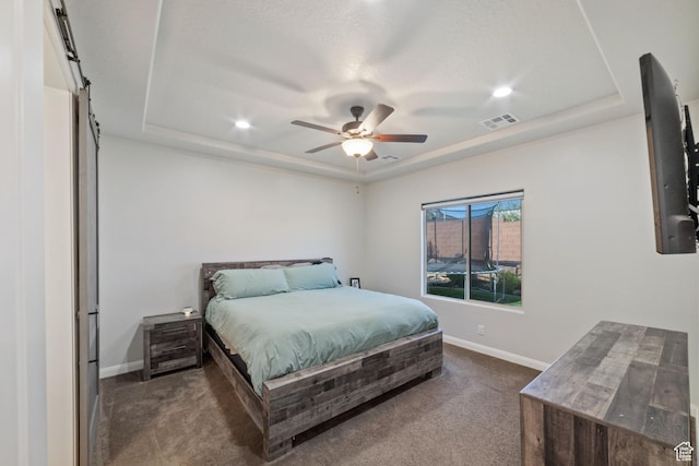 478 S Albano Way, St George, UT 84770 - bedroom with dark colored carpet, a raised ceiling, baseboards, recessed lighting, and a barn door