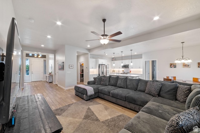 478 S Albano Way, St George, UT 84770 - living area featuring a chandelier, light wood-style floors, recessed lighting, a ceiling fan, and baseboards