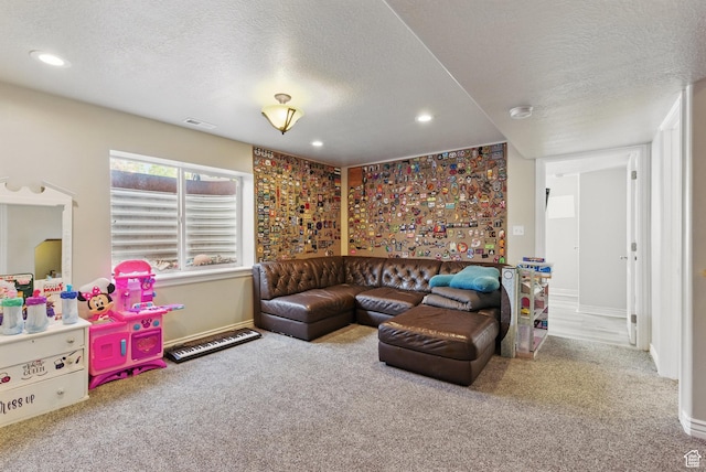 122 W Stern Ct Unit 25, Stansbury Park, UT 84074 - living room with a textured ceiling, carpet, recessed lighting, and baseboards