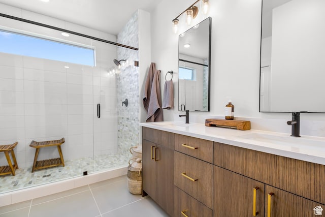 2041 W Pinnacle Ave, Mapleton, UT 84664 - bathroom with double vanity, a stall shower, and tile patterned floors