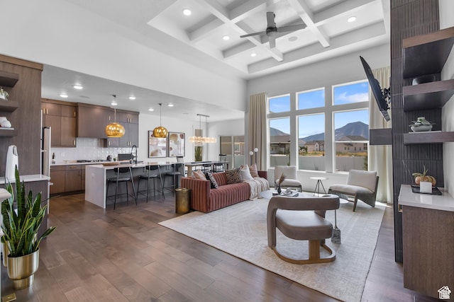 2041 W Pinnacle Ave, Mapleton, UT 84664 - living room with a high ceiling, a ceiling fan, dark wood-type flooring, beamed ceiling, and coffered ceiling