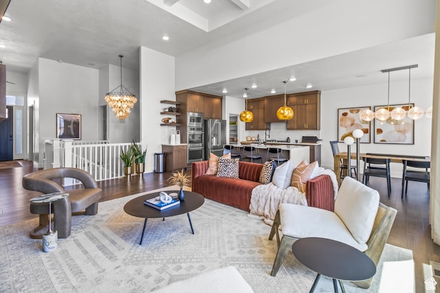 2041 W Pinnacle Ave, Mapleton, UT 84664 - living room with a chandelier, wood finished floors, recessed lighting, and a high ceiling