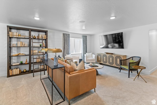 2041 W Pinnacle Ave, Mapleton, UT 84664 - living room with light colored carpet, baseboards, a textured ceiling, and recessed lighting