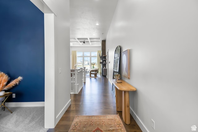 2041 W Pinnacle Ave, Mapleton, UT 84664 - hallway featuring recessed lighting, baseboards, wood finished floors, and coffered ceiling