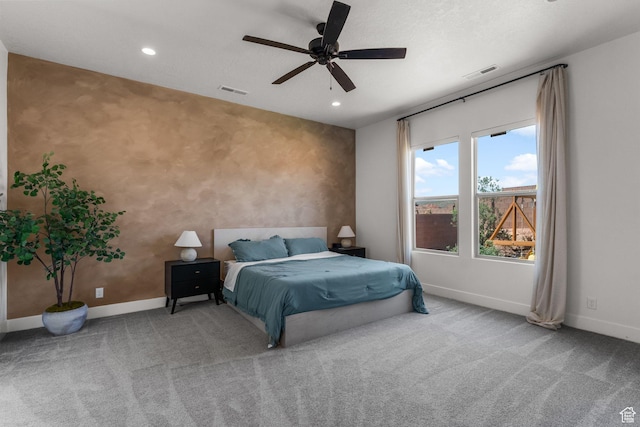 423 W Fitness Way, Ivins, UT 84738 - bedroom with baseboards, carpet flooring, recessed lighting, and a ceiling fan