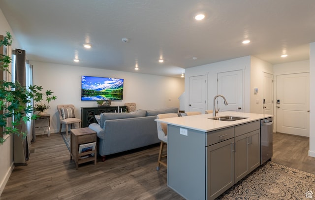 634 W Parker Pl Unit 1060, Grantsville, UT 84029 - kitchen with a sink, gray cabinets, stainless steel dishwasher, open floor plan, and dark wood-style floors