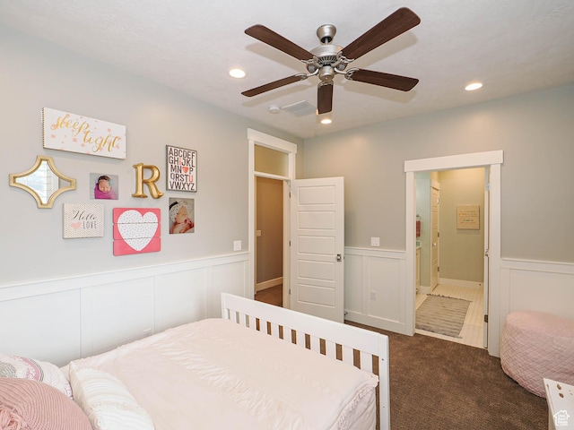 13772 S Kennington Ct E, Draper, UT 84020 - bedroom featuring dark colored carpet, wainscoting, recessed lighting, a decorative wall, and ceiling fan