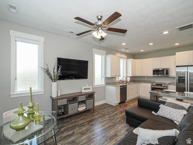 13772 S Kennington Ct E, Draper, UT 84020 - living room with dark wood-style flooring, a ceiling fan, baseboards, recessed lighting, and a textured ceiling