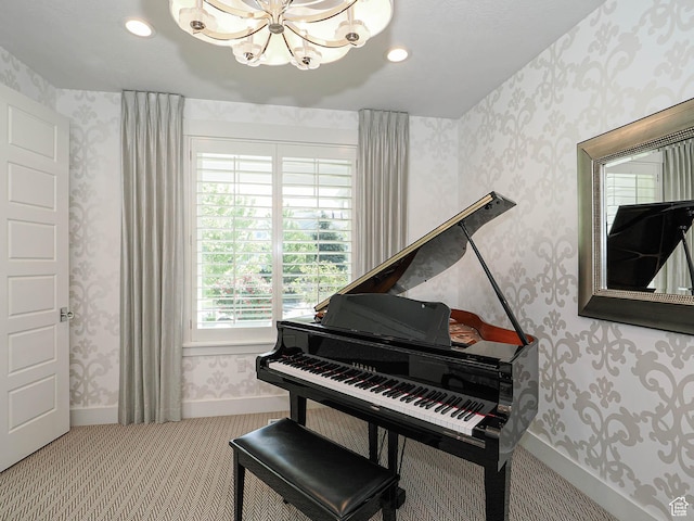 13772 S Kennington Ct E, Draper, UT 84020 - sitting room featuring a chandelier, wallpapered walls, carpet flooring, recessed lighting, and baseboards