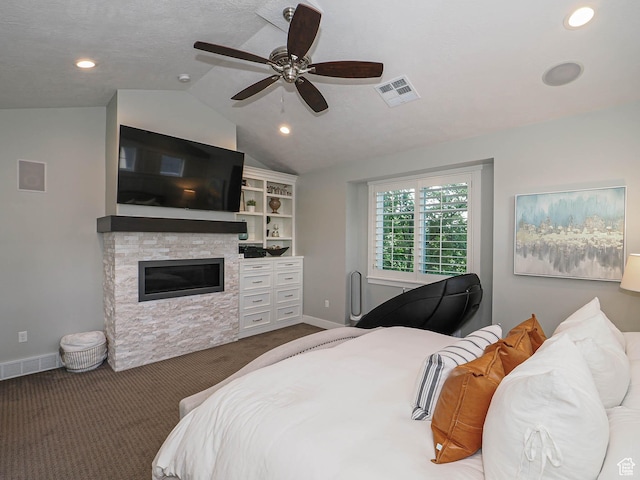 13772 S Kennington Ct E, Draper, UT 84020 - bedroom with carpet floors, a fireplace, vaulted ceiling, recessed lighting, and baseboards