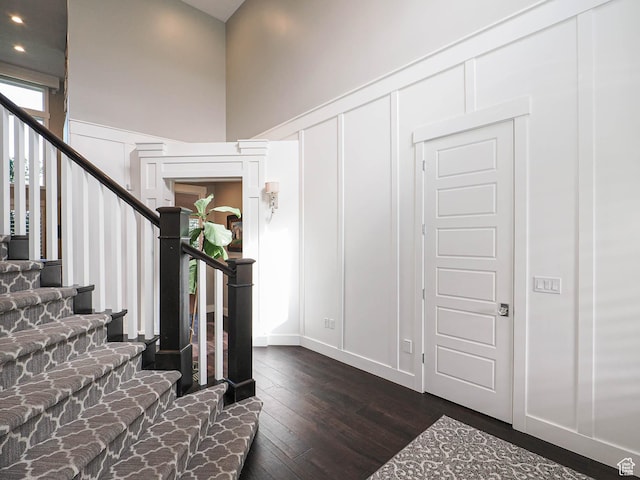13772 S Kennington Ct E, Draper, UT 84020 - foyer with stairs, dark wood-type flooring, recessed lighting, and a towering ceiling