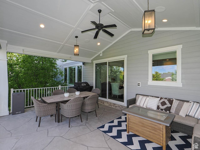 13772 S Kennington Ct E, Draper, UT 84020 - view of patio / terrace with a ceiling fan, an outdoor hangout area, outdoor dining space, and grilling area