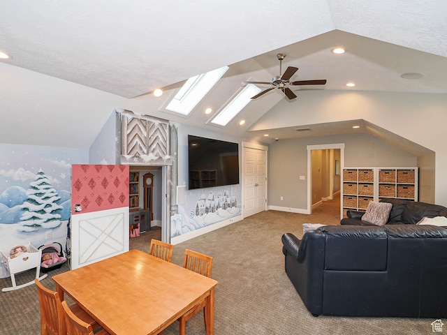 13772 S Kennington Ct E, Draper, UT 84020 - carpeted living room with ceiling fan, lofted ceiling, a skylight, recessed lighting, and baseboards