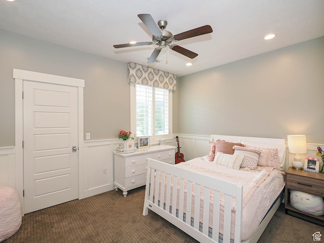 13772 S Kennington Ct E, Draper, UT 84020 - carpeted bedroom featuring a wainscoted wall, recessed lighting, a ceiling fan, and a decorative wall