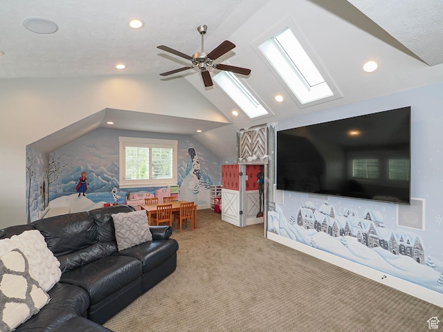 13772 S Kennington Ct E, Draper, UT 84020 - living room featuring a skylight, lofted ceiling, a ceiling fan, carpet, and recessed lighting