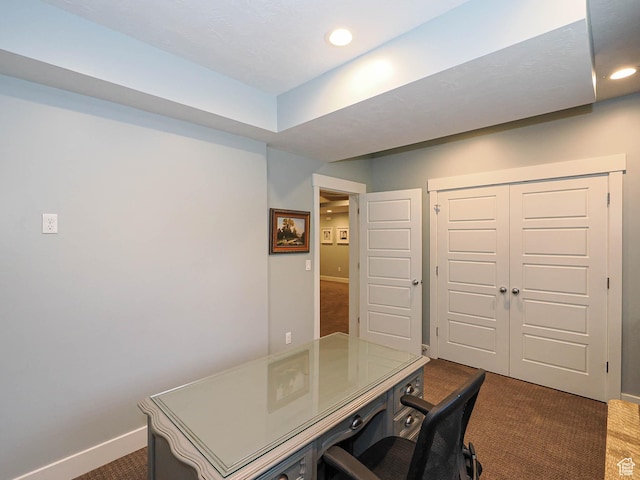 13772 S Kennington Ct E, Draper, UT 84020 - home office featuring dark colored carpet, baseboards, and recessed lighting