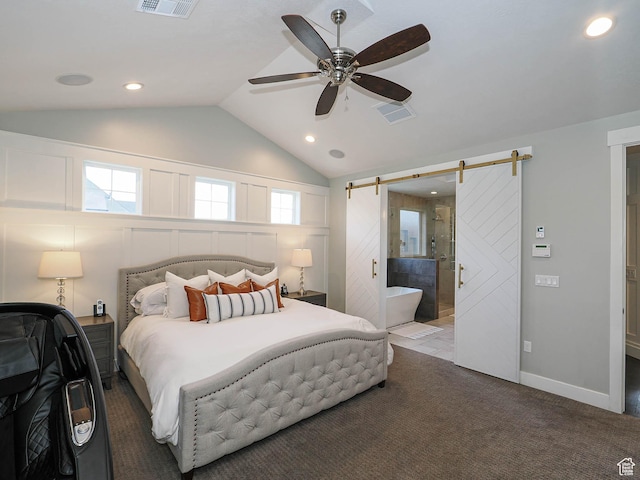 13772 S Kennington Ct E, Draper, UT 84020 - bedroom with vaulted ceiling, a barn door, carpet, recessed lighting, and a ceiling fan