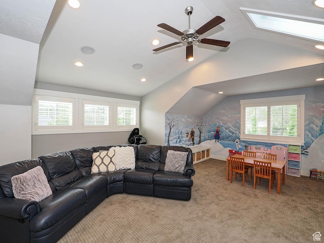 13772 S Kennington Ct E, Draper, UT 84020 - carpeted living room featuring vaulted ceiling, ceiling fan, a skylight, and recessed lighting