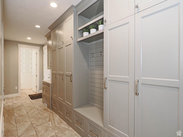 13772 S Kennington Ct E, Draper, UT 84020 - mudroom featuring recessed lighting, light marble finish floors, and baseboards